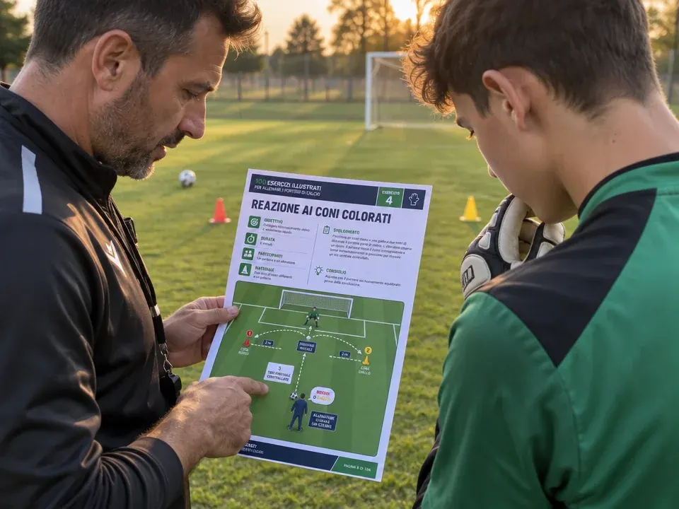 Un allenatore mostra la scheda stampata a un portiere sul campo