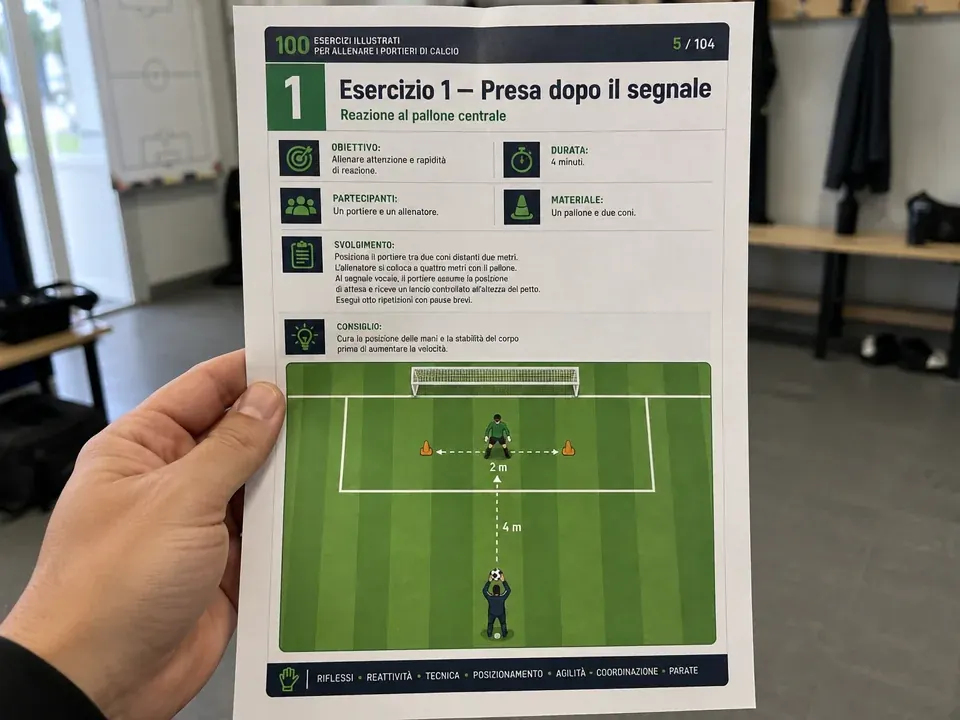Una mano tiene una scheda A4 di esercizi per portieri
